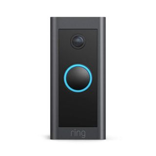 Ring Doorbell Video Wired on a white background and blue ring around doorbell