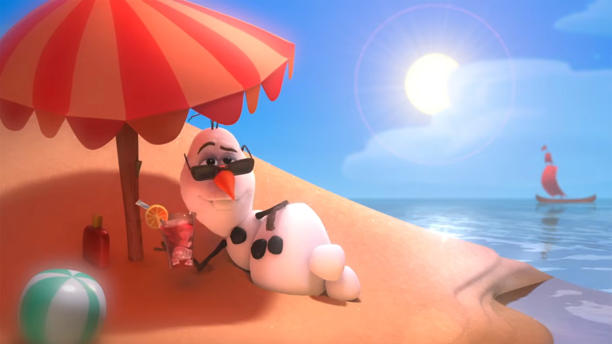 A screenshot of Olaf sipping a cool drink and hanging out in the shade in Frozen. 