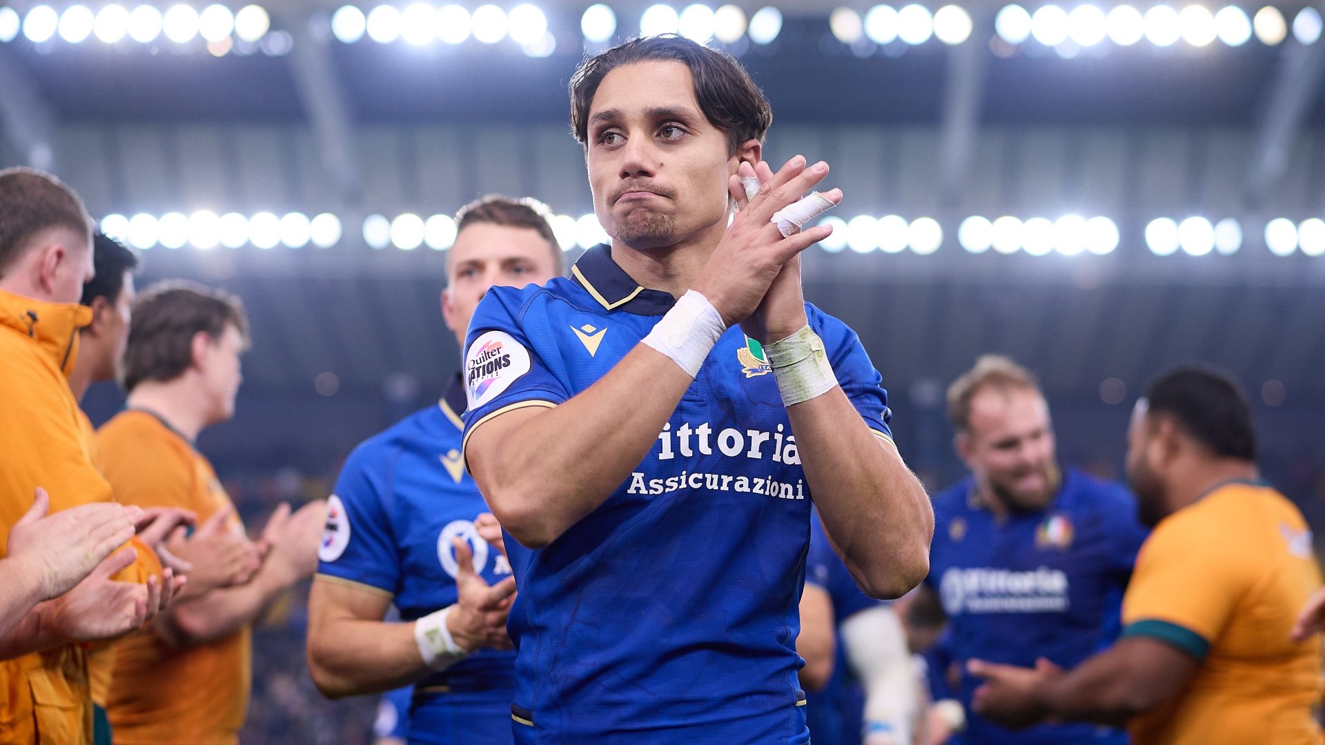 Ange Capuozzo of Italy celebrates winning the 2025 Autumn Nations Series match against Australia