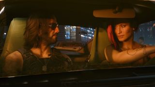 Johnny Silverhand riding shotgun in Cyberpunk 2077