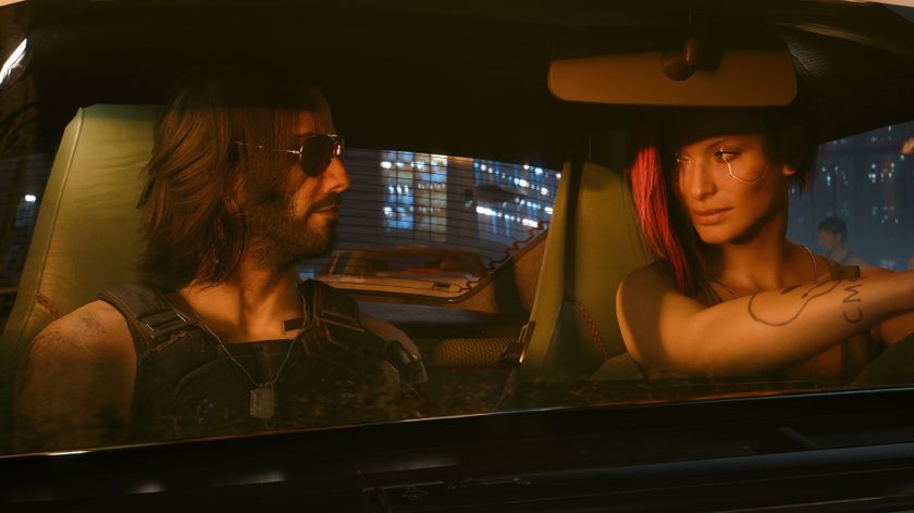 Johnny Silverhand riding shotgun in Cyberpunk 2077