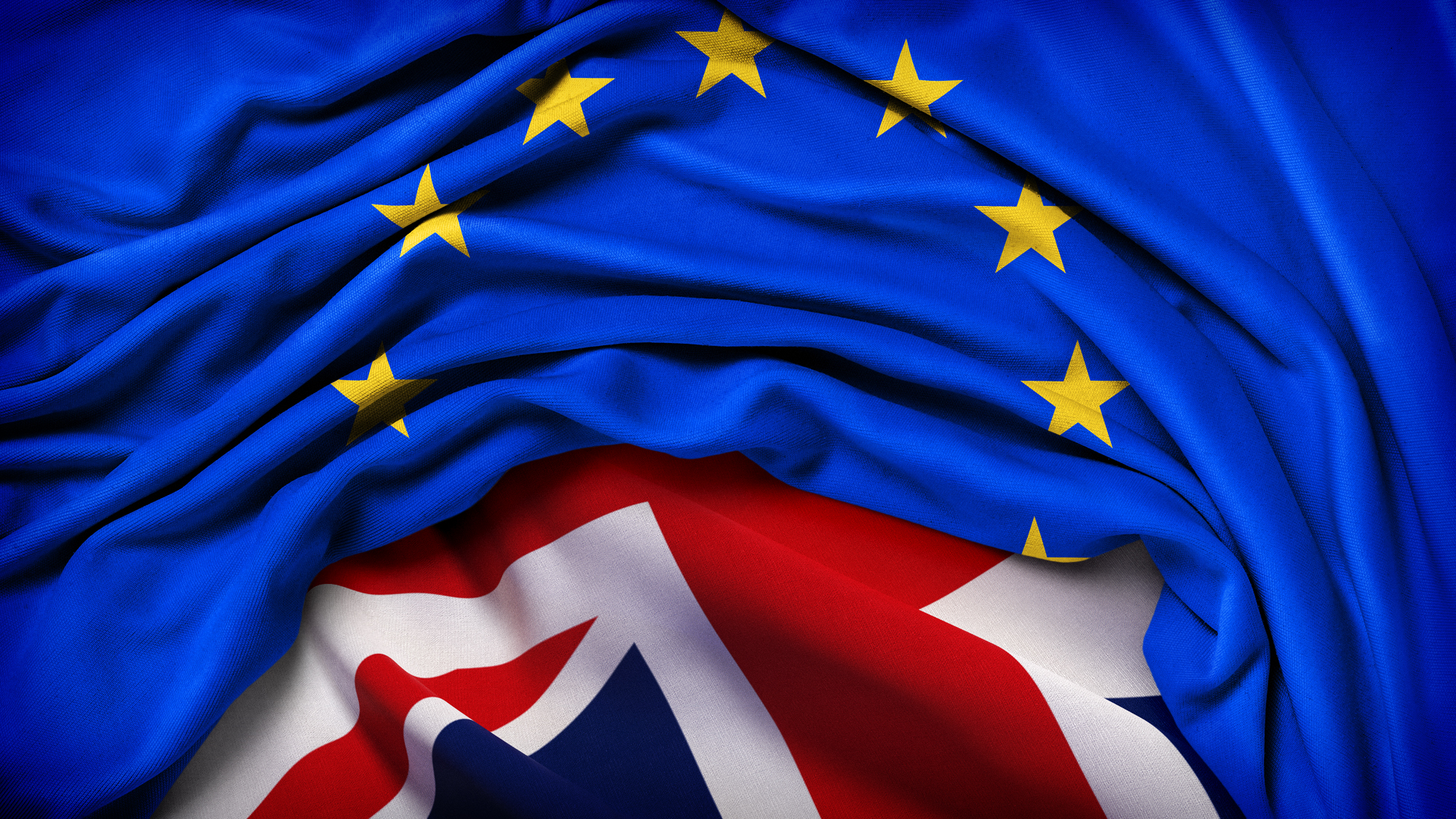 Illustration of a European Union flag pulled back to reveal a Union Jack
