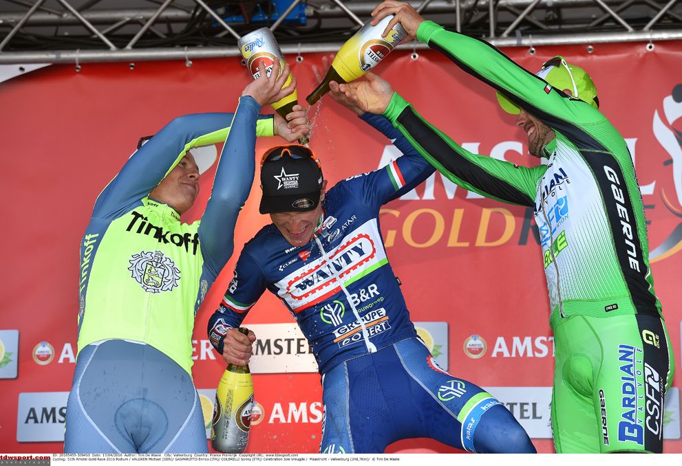 Enrico Gasparotto (Wanty) enjoys his time on the podium in Amstel Gold