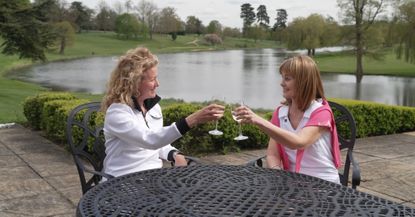 Enjoying a glass after my round with my pal