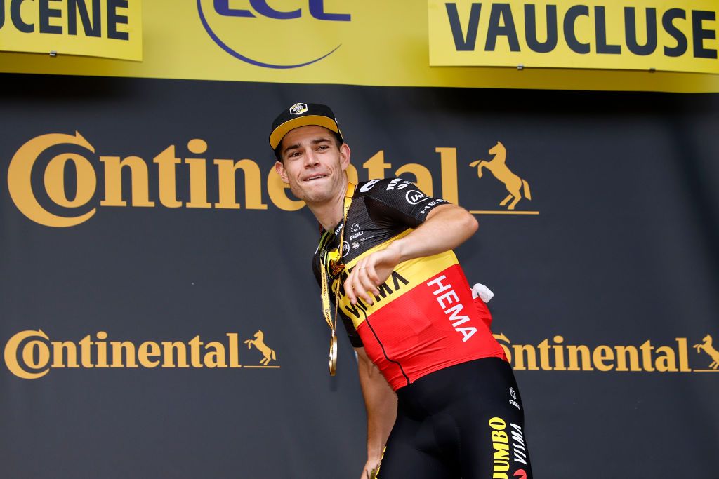 MALAUCENE FRANCE JULY 07 Wout Van Aert of Belgium and Team JumboVisma stage winner celebrates at podium during the 108th Tour de France 2021 Stage 11 a 1989km km stage from Sorgues to Malaucne LeTour TDF2021 on July 07 2021 in Malaucene France Photo by Chris GraythenGetty Images
