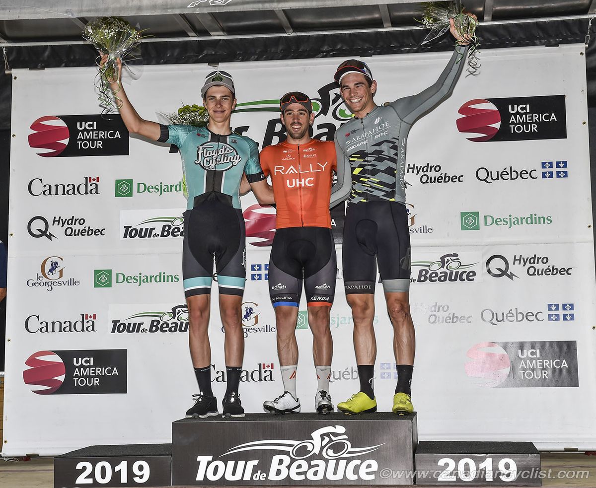 Stage 1 podium at Tour de Beauce: Nicolas Zukowsky (Floyd's Pro Cycling), Tyler Magner (Rally UHC Cycling) and Brendan Rhim (Arapahoe-Hincapie)