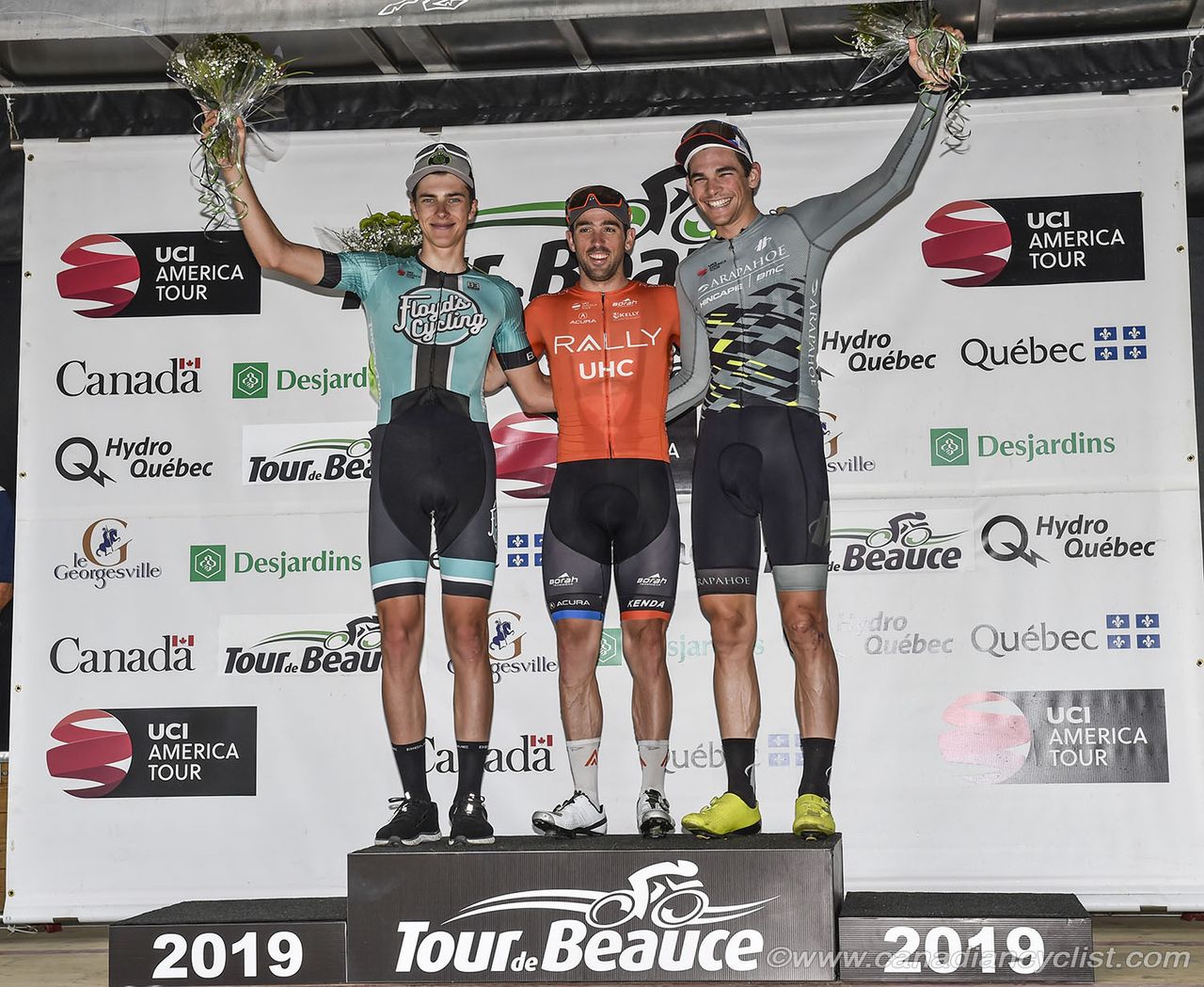 Stage 1 podium at Tour de Beauce: Nicolas Zukowsky (Floyd's Pro Cycling), Tyler Magner (Rally UHC Cycling) and Brendan Rhim (Arapahoe-Hincapie)