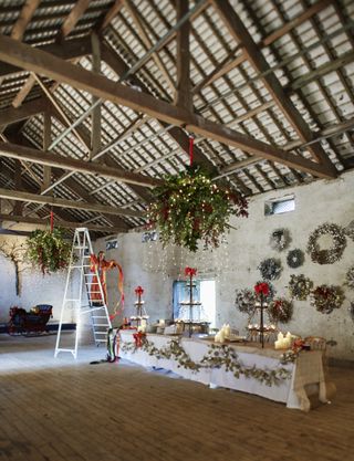 Barn decorated for Christmas with VV Rouleaux