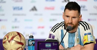  Lionel Messi of Argentina attends the post match press conference after the 3-0 win during the FIFA World Cup Qatar 2022 semi final match between Argentina and Croatia at Lusail Stadium on December 13, 2022 in Lusail City, Qatar.