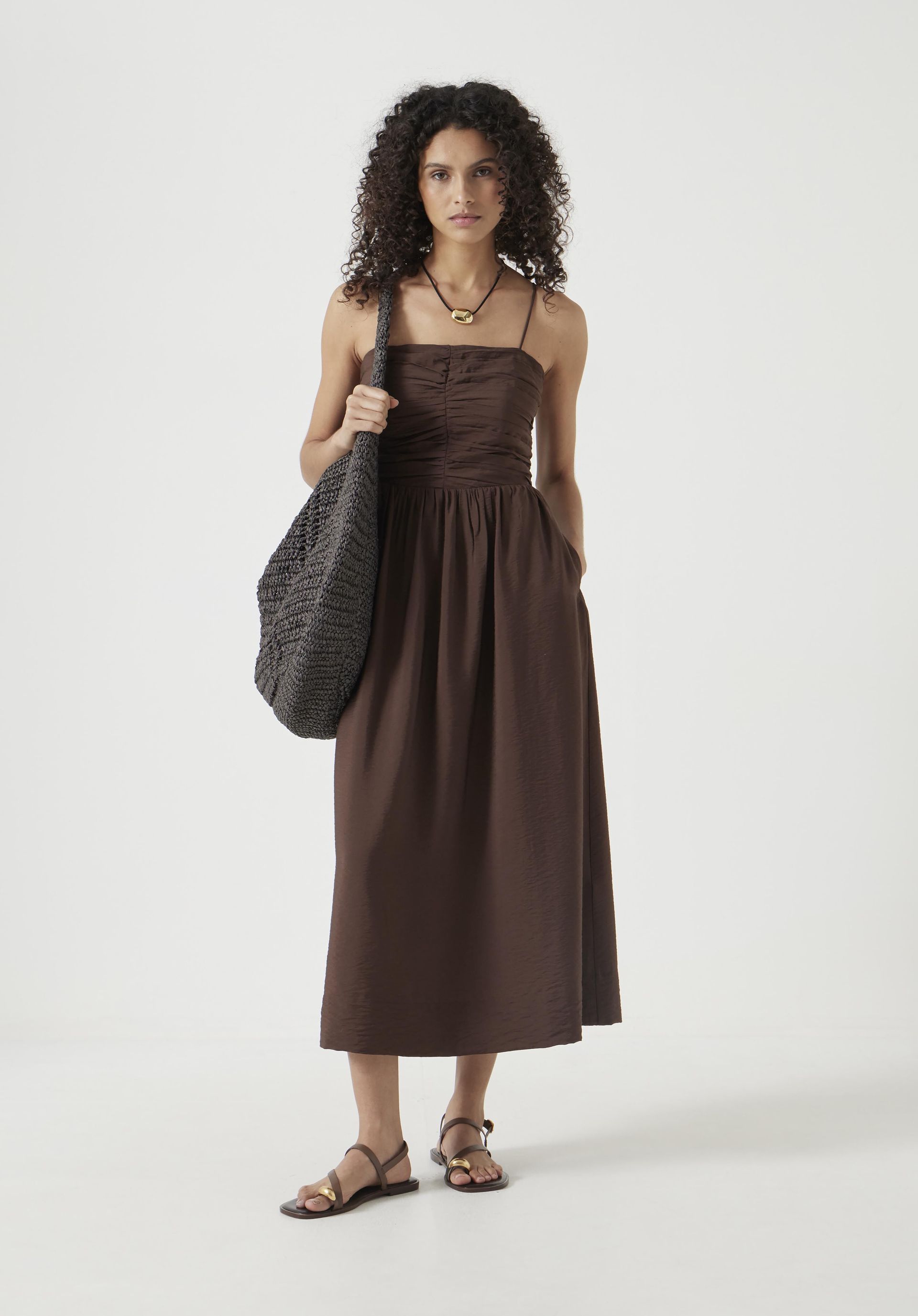 Air Flow Thin Strap Gathered Midi Dress