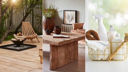 A wooden deck with wooden reclining garden chair behind a fire pit / A rustic wooden coffee table in a living room / A wire basket with natural cleaning products inside 