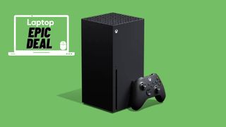Xbox Series X console with wireless controller and green background 