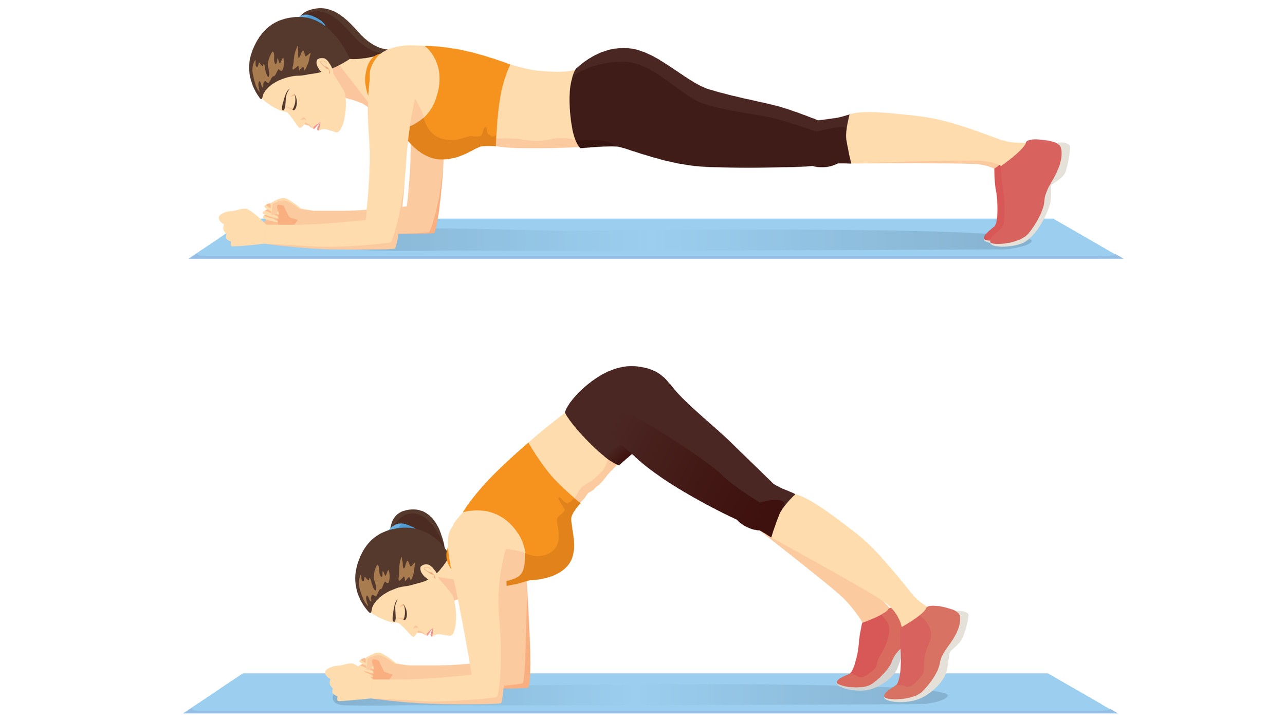 Женщина делает упражнение в позе «Дельфин-планка» в 2 этапа для гида.  Иллюстрация о введении в положение тренировки пресса.