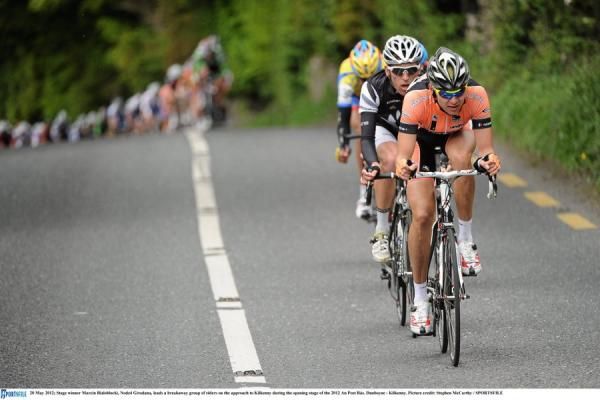 Stage winner Marcin Bialoblocki (Node4 Girodana) leads a breakaway group of riders on the approach to Kilkenny during the opening stage of the 2012 An Post R