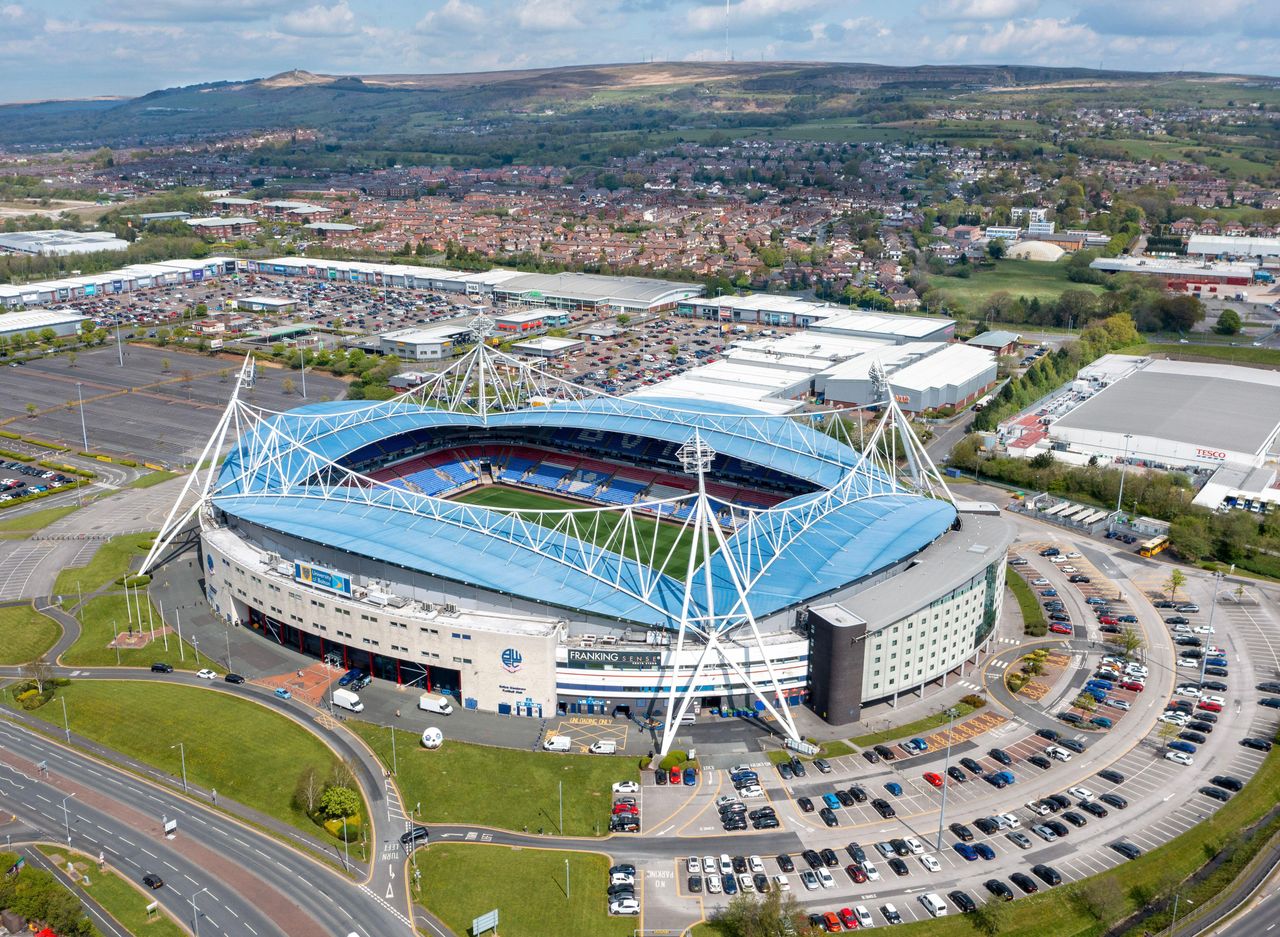 An aerial view of Bolton Wanderers' stadium in 2022, while it was known as the University of Bolton Stadium
