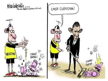 Political cartoon Obama neoconservatives Iraq
