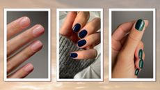 On the left, a picture of nails with a sheer, pink nail polish, alongside a picture of a hand with navy blue nails and finally, a hand with an emerald green manicure by nail artists @gel.bymegan and @matejanova/ Mateja Novakovic- in a three-picture, sunset template 