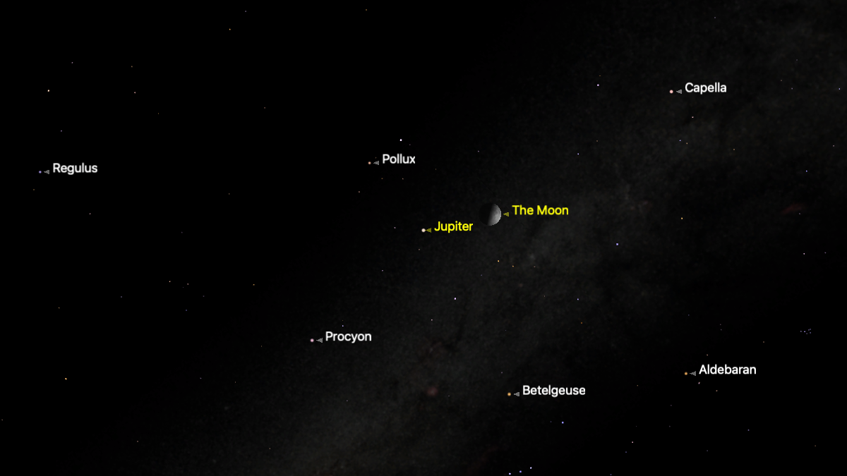 A simulation of the night sky for March 25 showing the half-lit moon with Jupiter close to its left in a dark night sky.