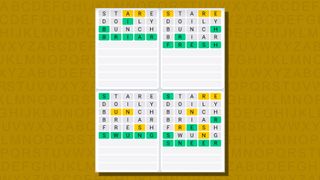 Quordle daily sequence answers for game 783 on a yellow background