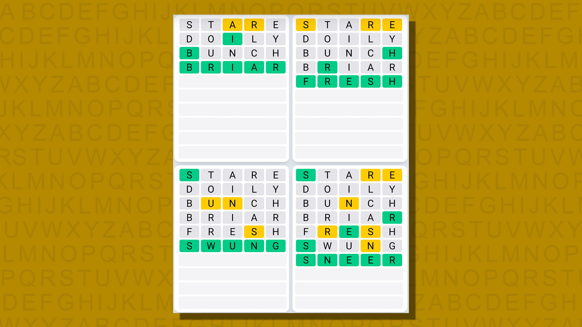 Respuestas de secuencia diaria de Quordle para el juego 783 sobre un fondo amarillo