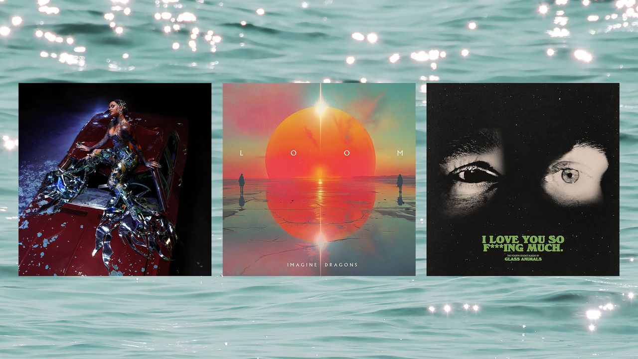 Album covers of “Crash” by Kehlani, “Loom” by Imagine Dragons, and &#039;I Love You So F***ing Much’ by Glass Animals. In the background, there is a photo of turquoise water, shimmering in the summer sun.