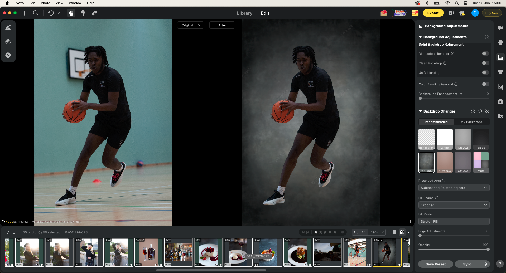 A screengrab of Evoto Desktop showing the background has been replaced in a single click on this image of a basketball player