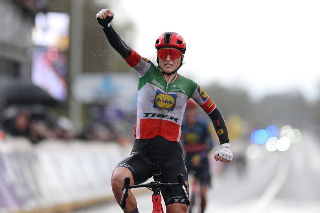 OUDENAARDE BELGIUM MARCH 31 Elisa Longo Borghini of Italy and Team Lidl Trek celebrates at finish line as race winner during the 21st Ronde van Vlaanderen Tour des Flandres 2024 Womens Elite a 163km one day race from Oudenaarde to Oudenaarde UCIWWT on March 31 2024 in Oudenaarde Belgium Photo by Dario BelingheriGetty Images