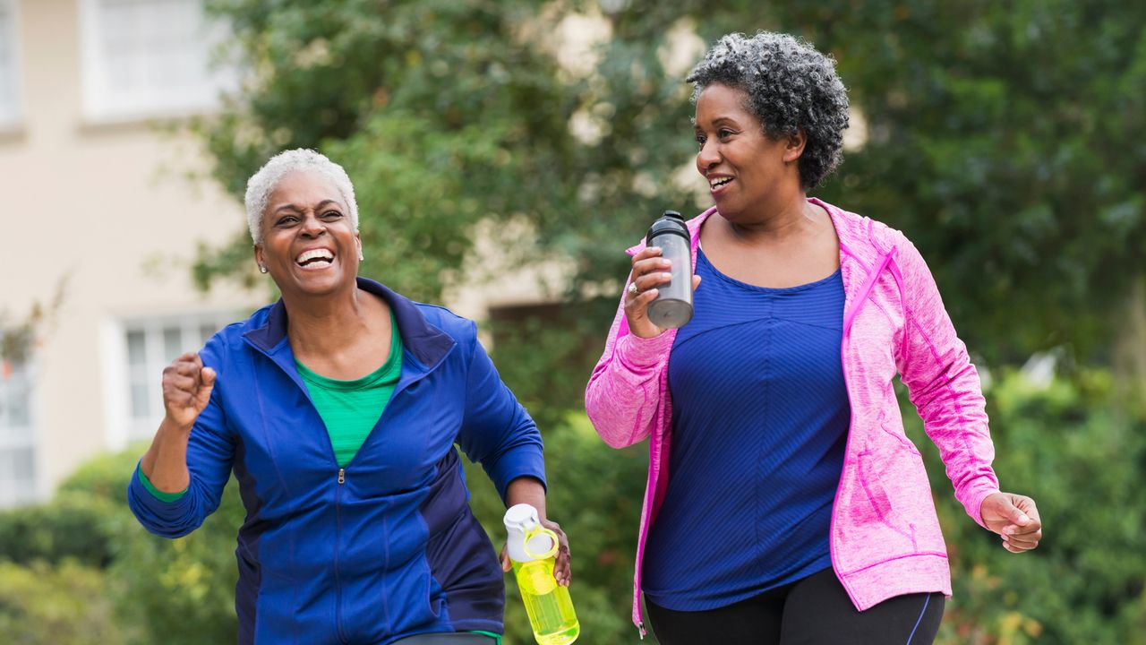 Two senior women exercising