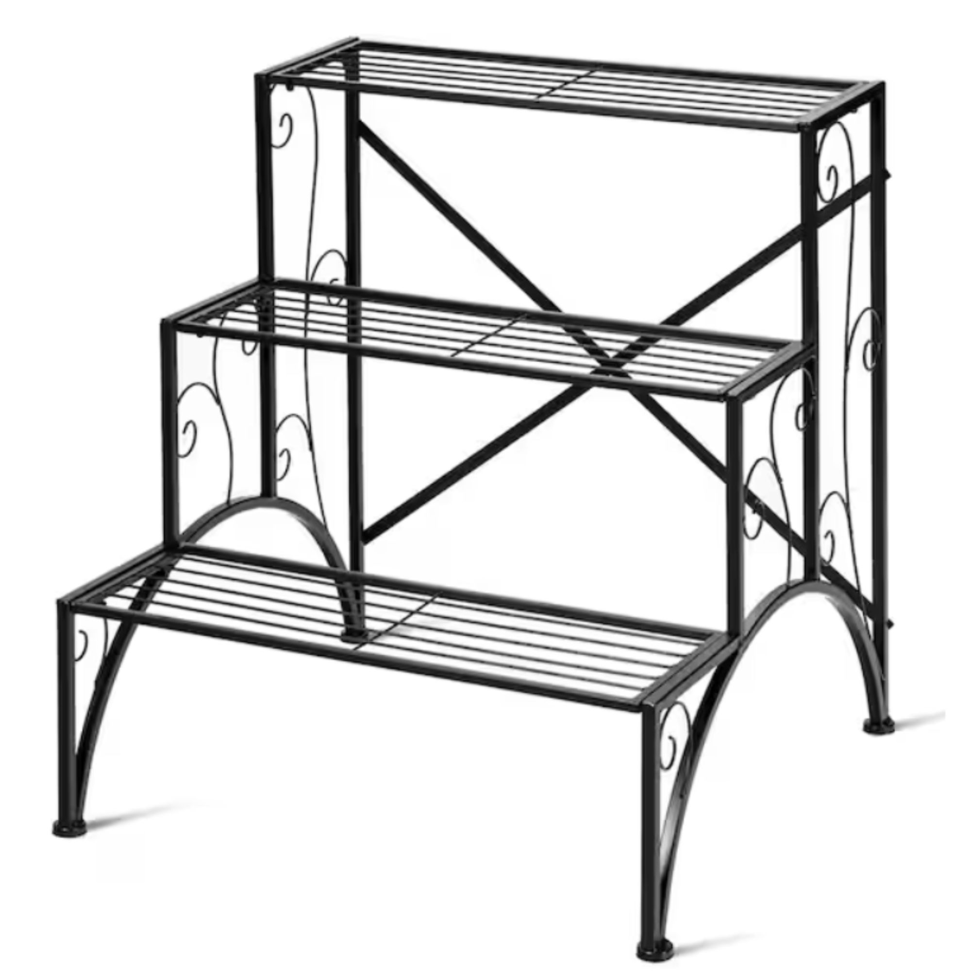 3-tier metal plant stand with decorative side detailing