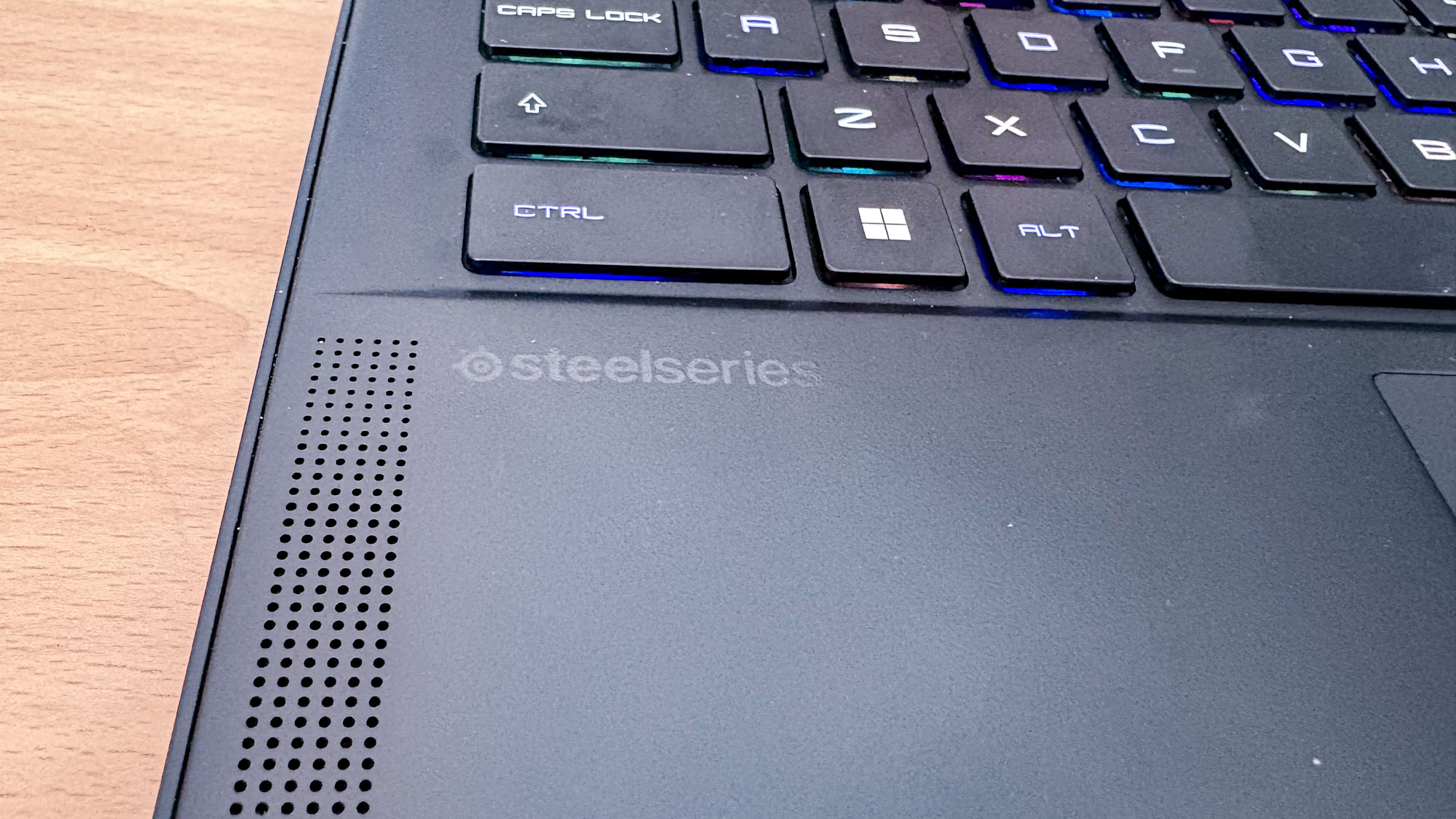 MSI Stealth A16 AI+ close up of SteelSeries logo below keyboard