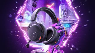 Beyerdynamic MMX 200 with a futuristic neon background being held by a robotic hand