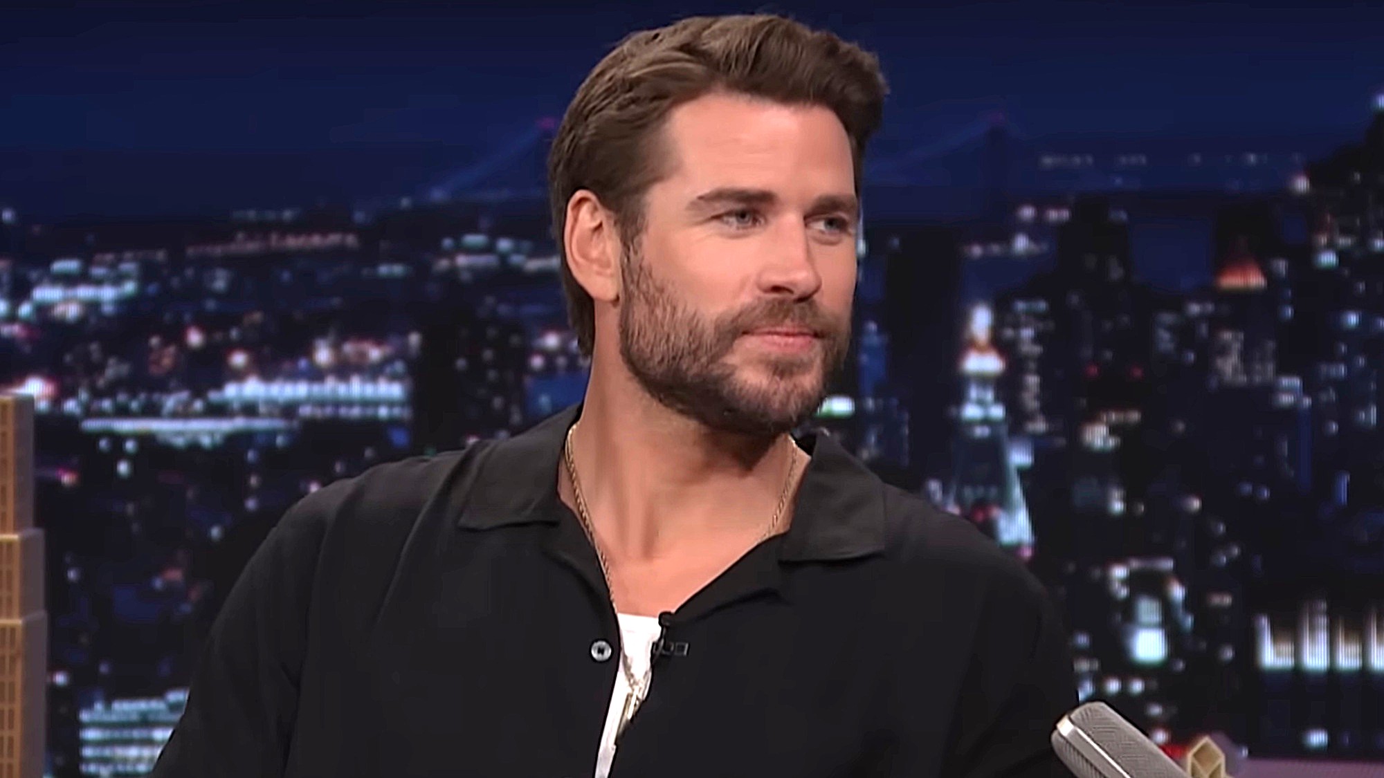 Liam Hemsworth is shown on The Tonight Show Starring Jimmy Fallon.