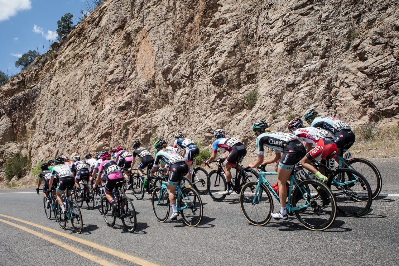 The women head out of the feed zone climb