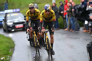 WEVELGEM BELGIUM MARCH 26 LR Christophe Laporte of France and Wout Van Aert of Belgium and Team JumboVisma compete in the breakaway during the 85th GentWevelgem in Flanders Fields 2023 Mens Elite a 2609km one day race from Ypres to Wevelgem UCIWT on March 26 2023 in Wevelgem Belgium Photo by Tim de WaeleGetty Images