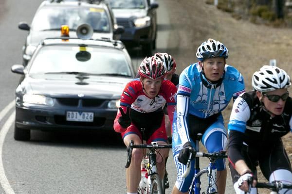 Shem Rodger leads Chris Jory, Patrick Shaw and Eliot Crowther to the top of the climb at Poatina with a healthy gap back to chasing riders.