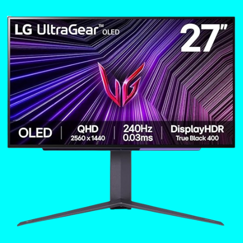 LG UltraGear OLED gaming monitor on a light blue background