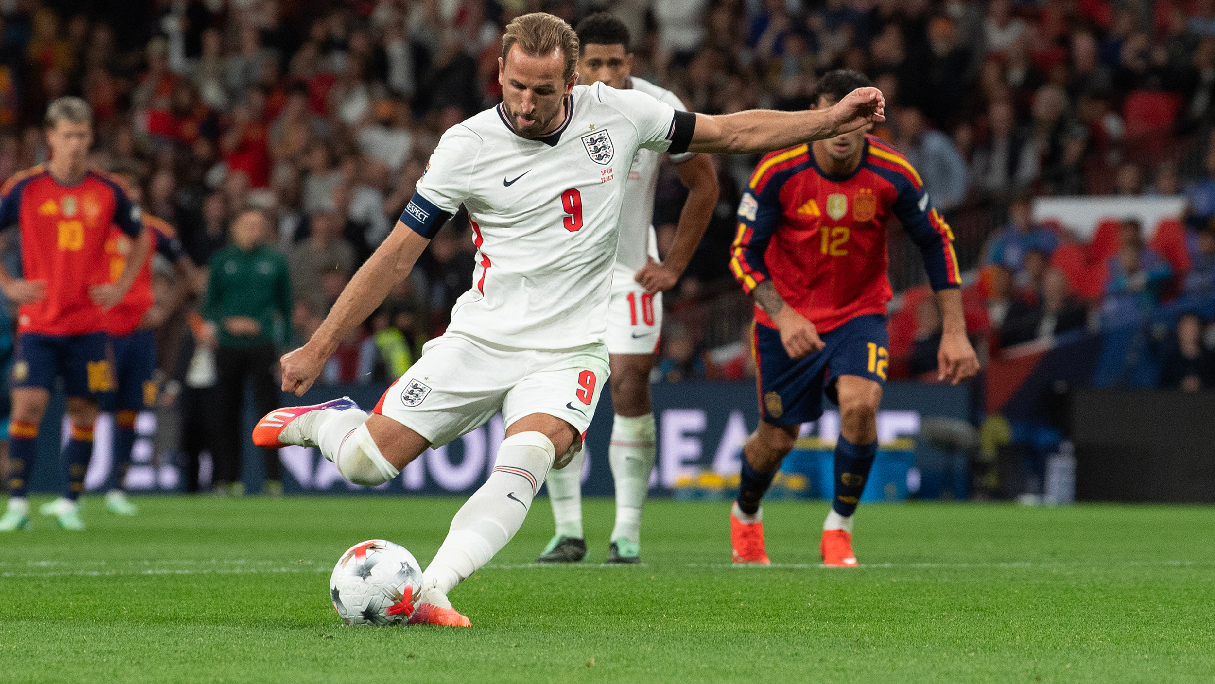 England captain Harry Kane steps up and misses a penalty against Spain in the Nations League