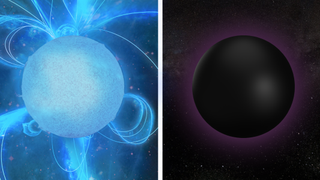 A glowing blue sphere to the left of a black sphere