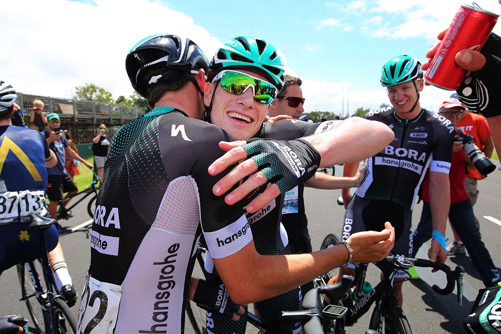 Sam Bennett with his teammates after his win