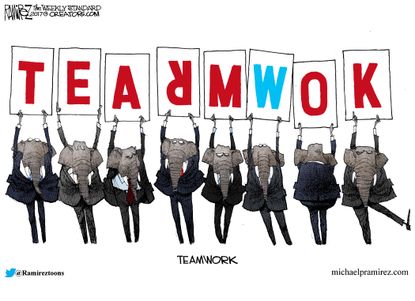 Political Cartoon U.S. Democrats teamwork can't work together