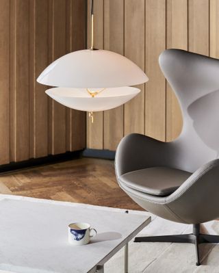 Clam pendant lamp by Fritz Hansen with two shells made of white glass
