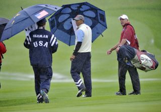 Photo of tiger woods wearing leaky waterproofs at the 2010 Ryder Cup