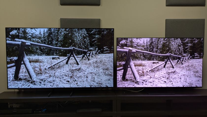 Samsung S85F (left) vs Samsung S95F (right) with snow-covered fence on screen 