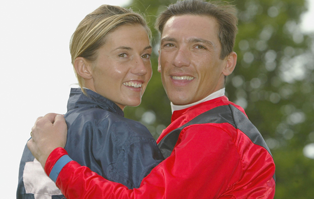 NEWBURY, ENGLAND - JUNE 10: Catherine Dettori poses with her husband, jockey Frankie Dettori, as she prepares to compete in The Cantor Odds Charity Sweepstake Flat Race on Cristoford in a race run at Newbury Racecourse on June 10, 2004 in Newbury, England. (Photo by Julian Herbert/Getty Images)