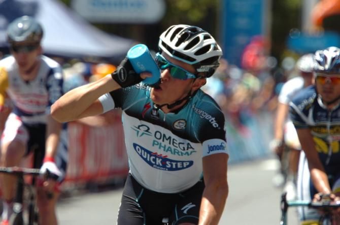 Thirsty work for Serge Pauwels (Omega Pharma - Quick-Step) at the end of Stage 4 into Tanunda