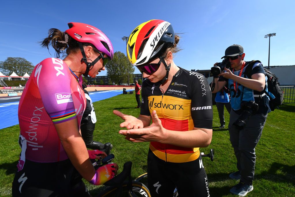 ROUBAIX FRANCE APRIL 16 LR Chantal Van Den Broek Blaak of Netherlands and Lotte Kopecky of Belgium and Team SD Worx react disappointed in the Roubaix Velodrome Vlodrome Andr Ptrieux during the 2nd ParisRoubaix 2022 Womens Elite a 1247km one day race from Denain to Roubaix ParisRoubaixFemmes ParisRoubaix on April 16 2022 in Roubaix France Photo by Tim de WaeleGetty Images