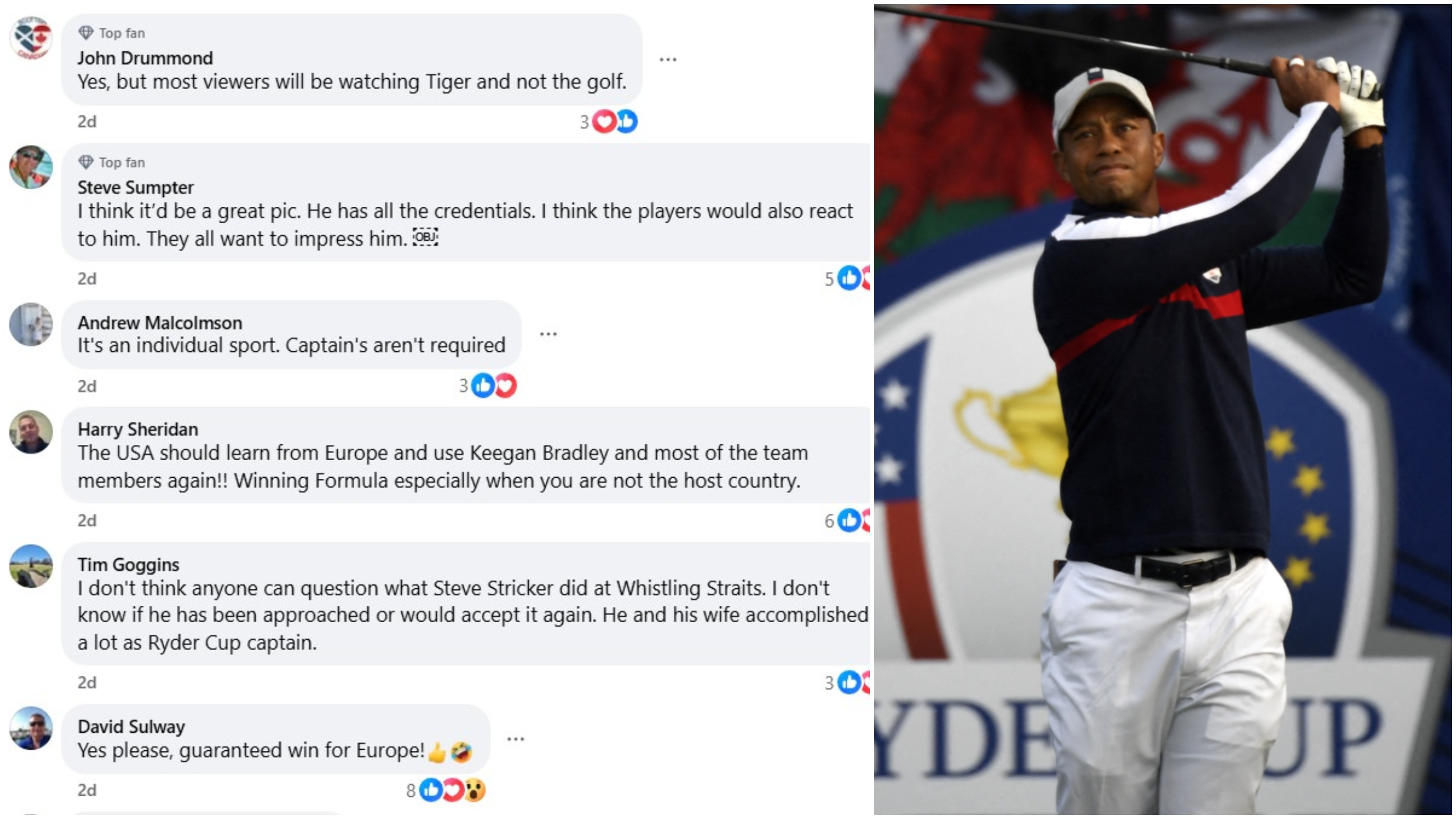 Reader views on Tiger Woods being Ryder Cup captain