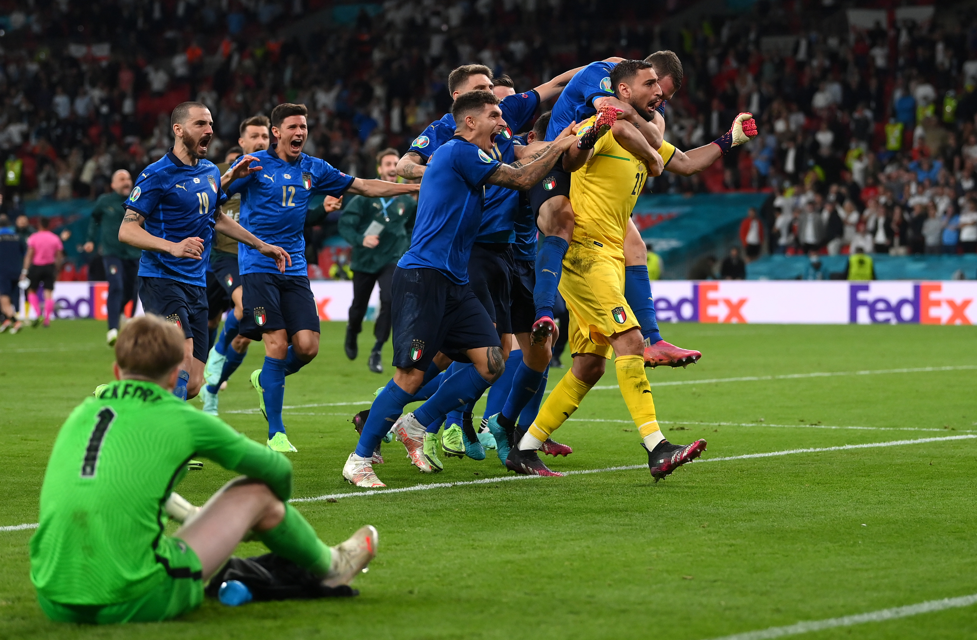 Italy players celebrate their Euro 2020 final win over England on penalties at Wembley.