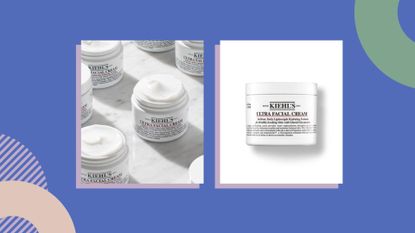 Collage of Kiehl's Ultra Facial Cream tubs on blue background, which is our beauty editor's Black Friday skincare deal pick
