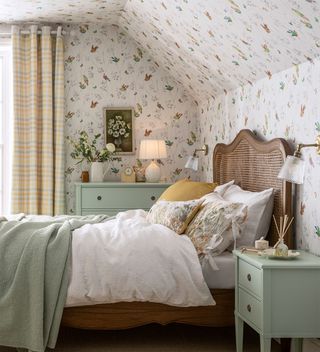 attic bedroom with floral wallpaper on walls and ceiling